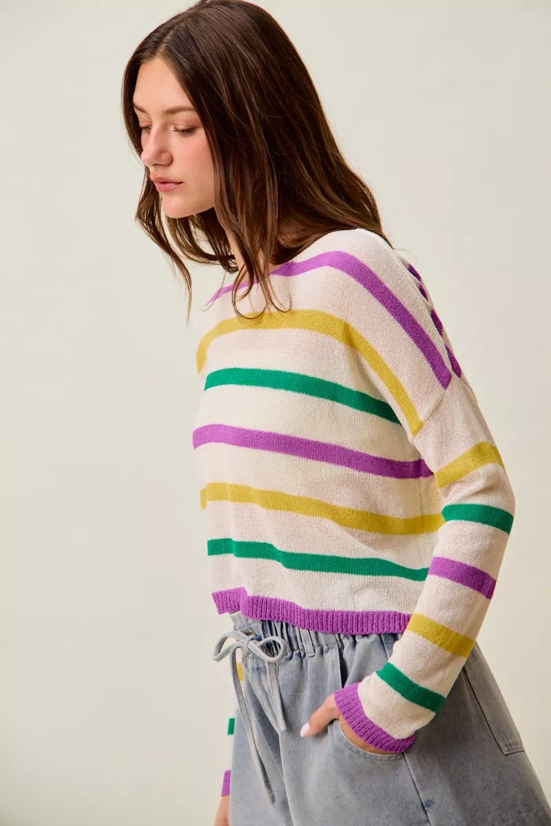 Mardi Gras Color Stripe Lightweight Sweater Top, image 13