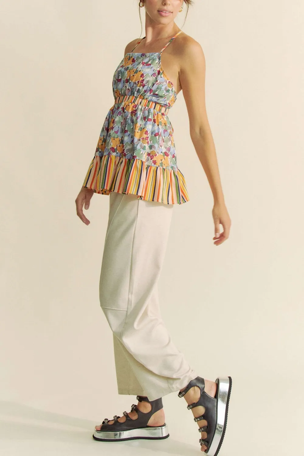 Floral Smocked Sleeveless Ruffle Back Tie Top, image 4