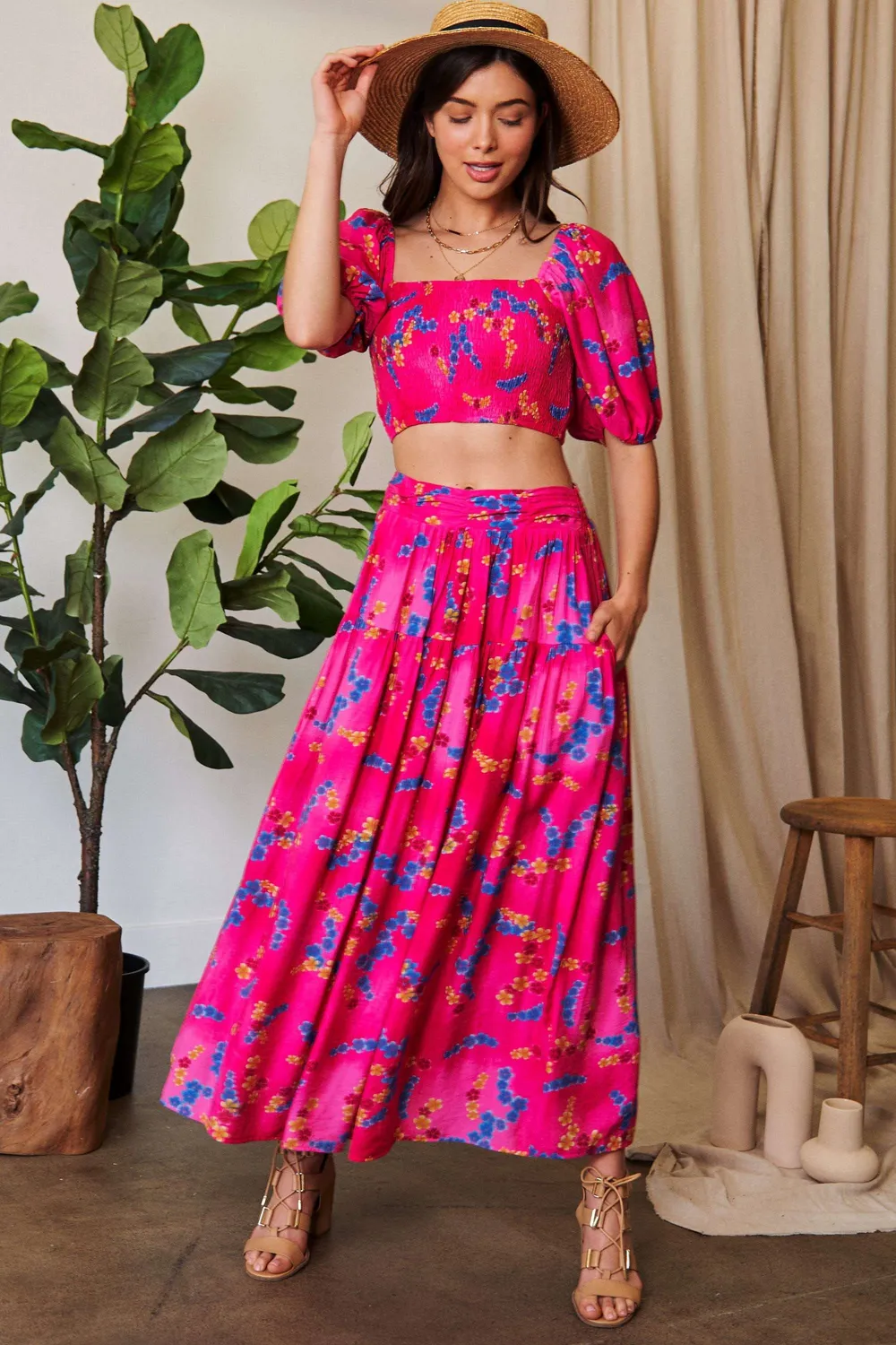 Smocing Bodice Puff Short Sleeve Printed Crop Top, image 7