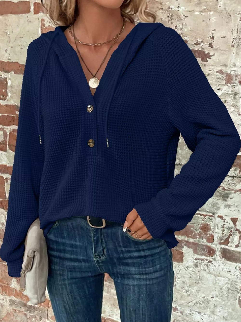 Full Size Waffle Knit Button Detail Hoodie Plus Size, image 18