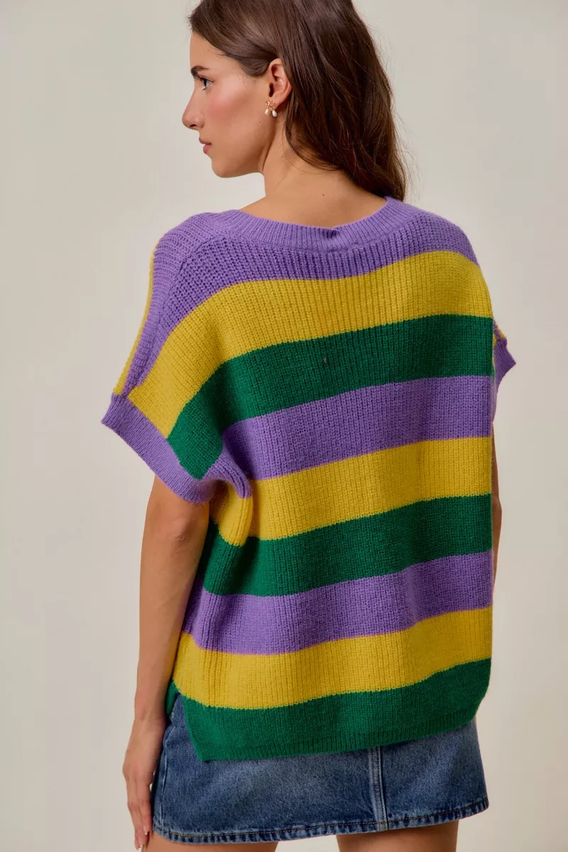 Mardi Gras Loose Fit V Neck Stripe Sweater Top, image 17