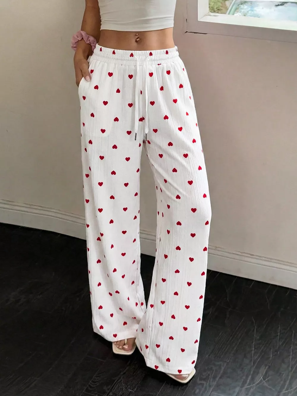 Heart Print Drawstring Waist Wide Leg Pants, image 5