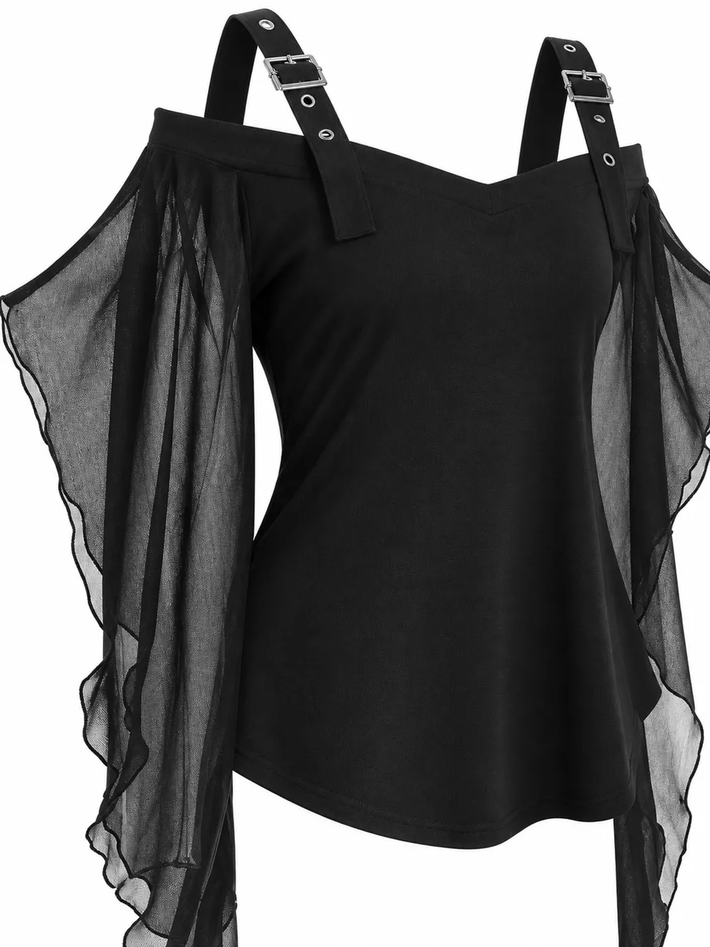 Halloween Gothic Buckle Strap Mesh Sleeve Top, image 7