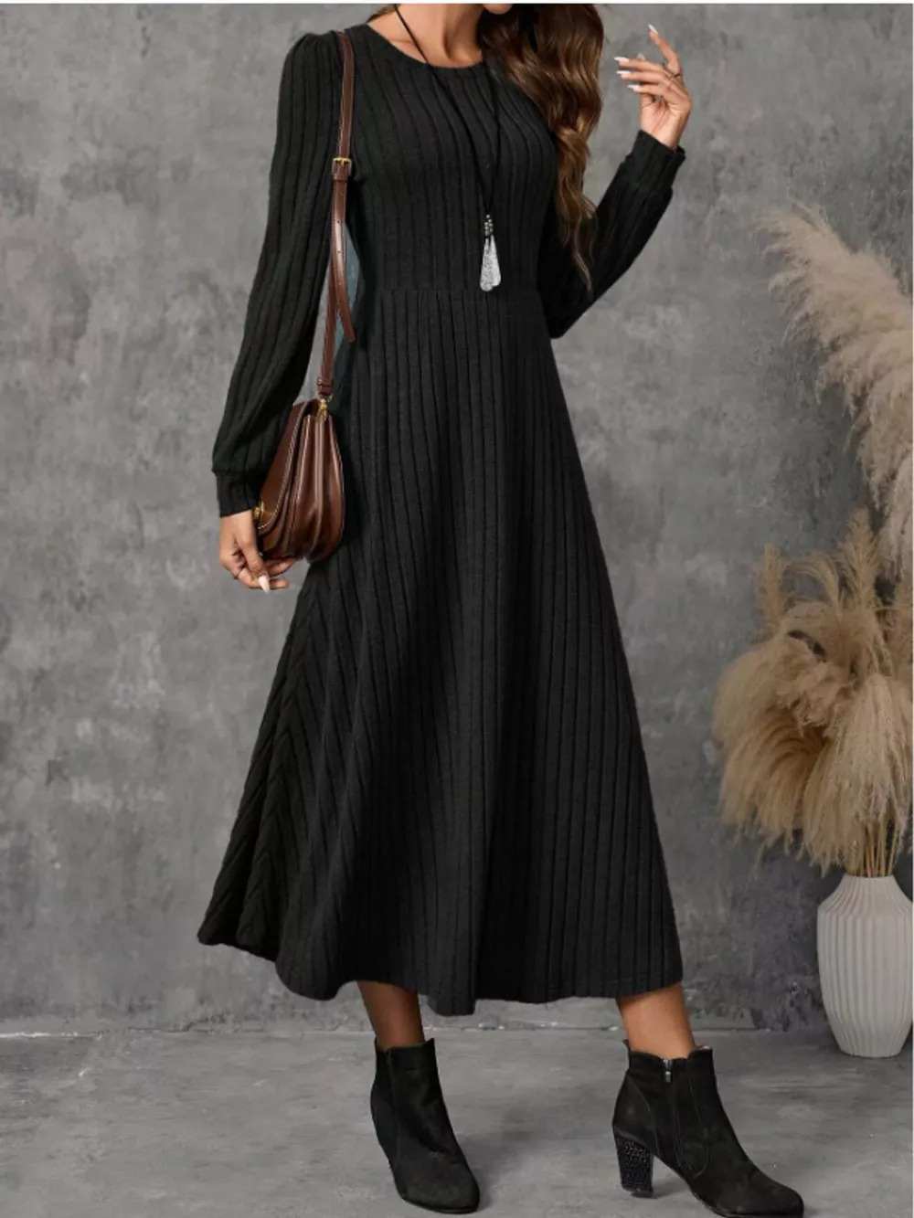 Ribbed Knit Long Sleeve A-Line Midi Dress, image 2
