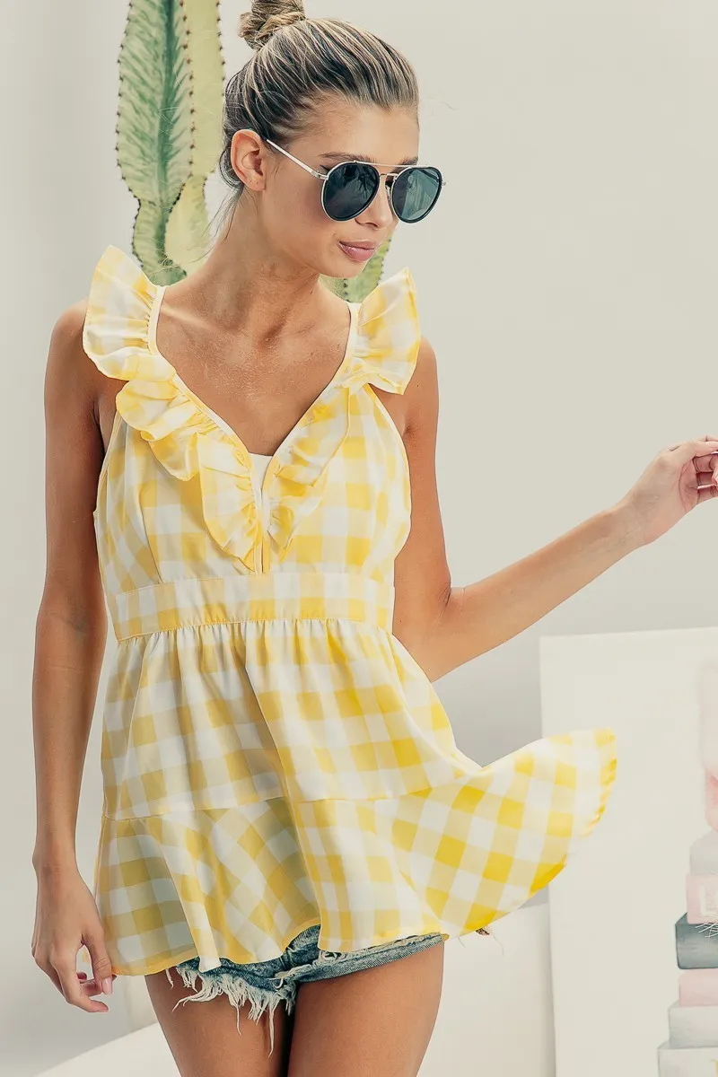 Ruffled Neckline Sleeveless Check Plaid Peplum Top