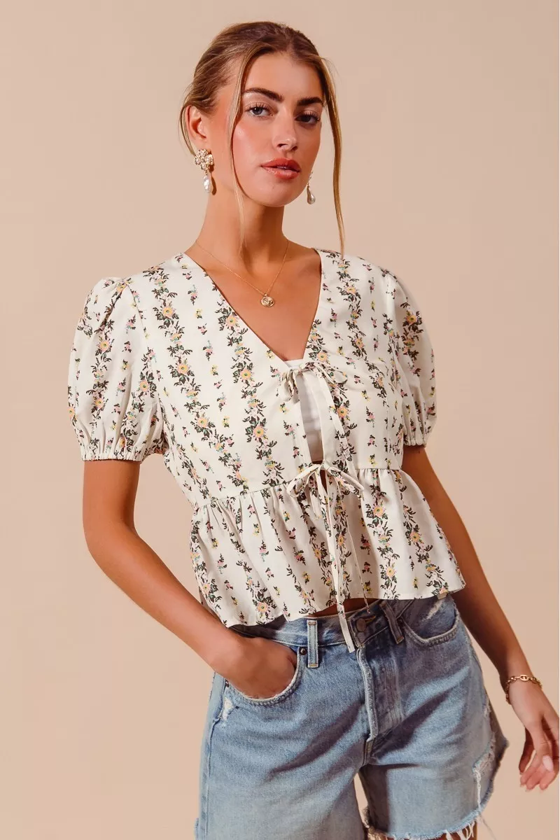 Floral Print Tie Front Shirred Hem Blouse, image 4