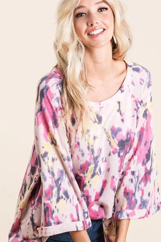 Tie Dye Print Terry A Line Top with Bell Sleeves, image 8