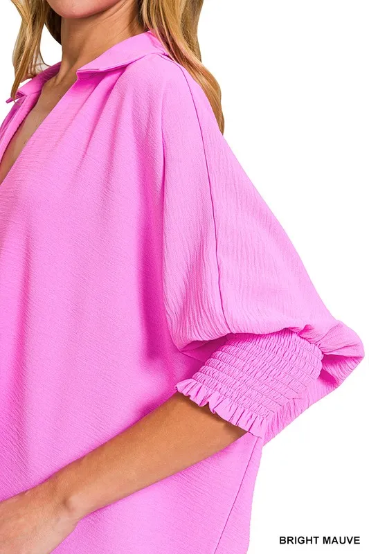 Airflow Collar Tee with Smocked Sleeve Band Top, image 5