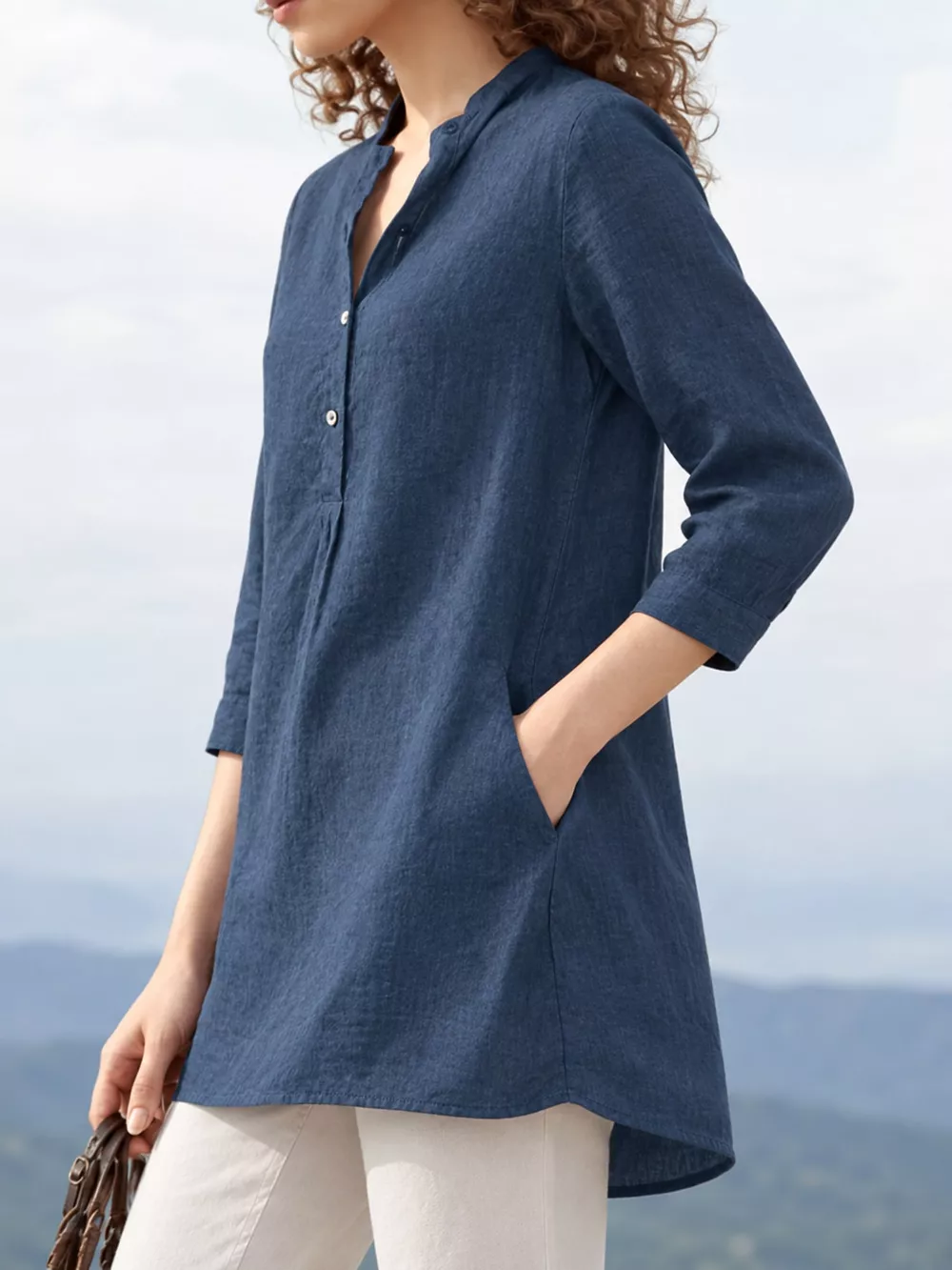 Full Size Button Detail 3/4 Sleeve Blouse Plus Size, image 11