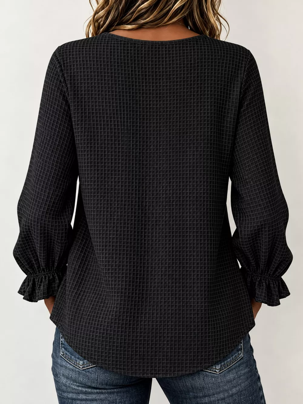 Full Size Waffle Knit Flounce Sleeve Blouse Plus Size, image 8