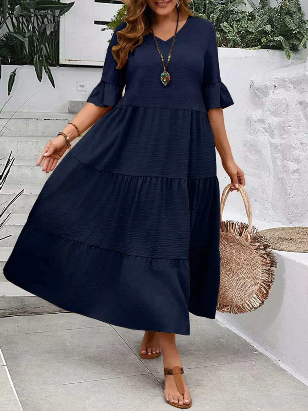 Plus Size Ruffle Sleeves Tiered Midi Dress, image 17