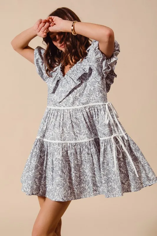 Cotton Printed Ruffle V Neckline Dress with Side Tie, image 4