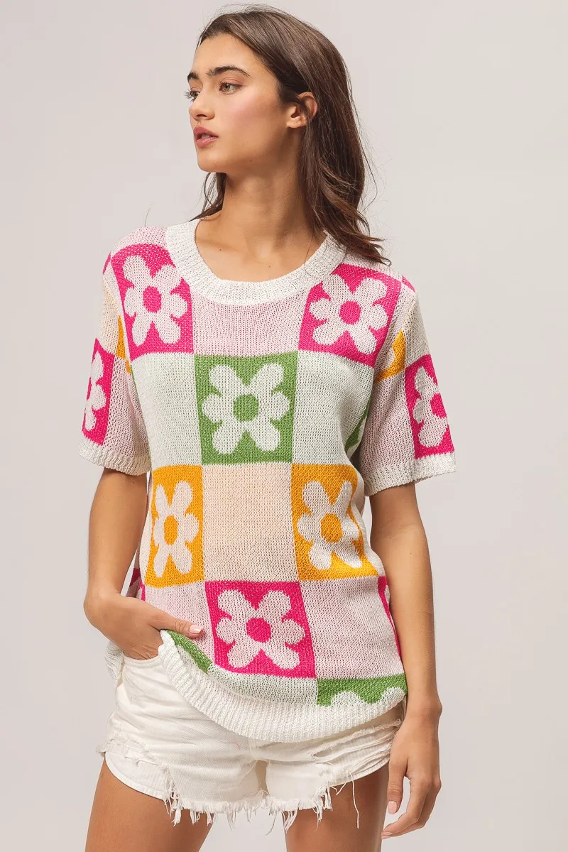 Flower Checker Pattern Lightweight Sweater Top, image 11