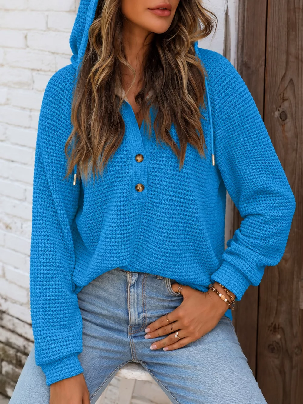 Full Size Waffle Knit Button Detail Hoodie Plus Size, image 64