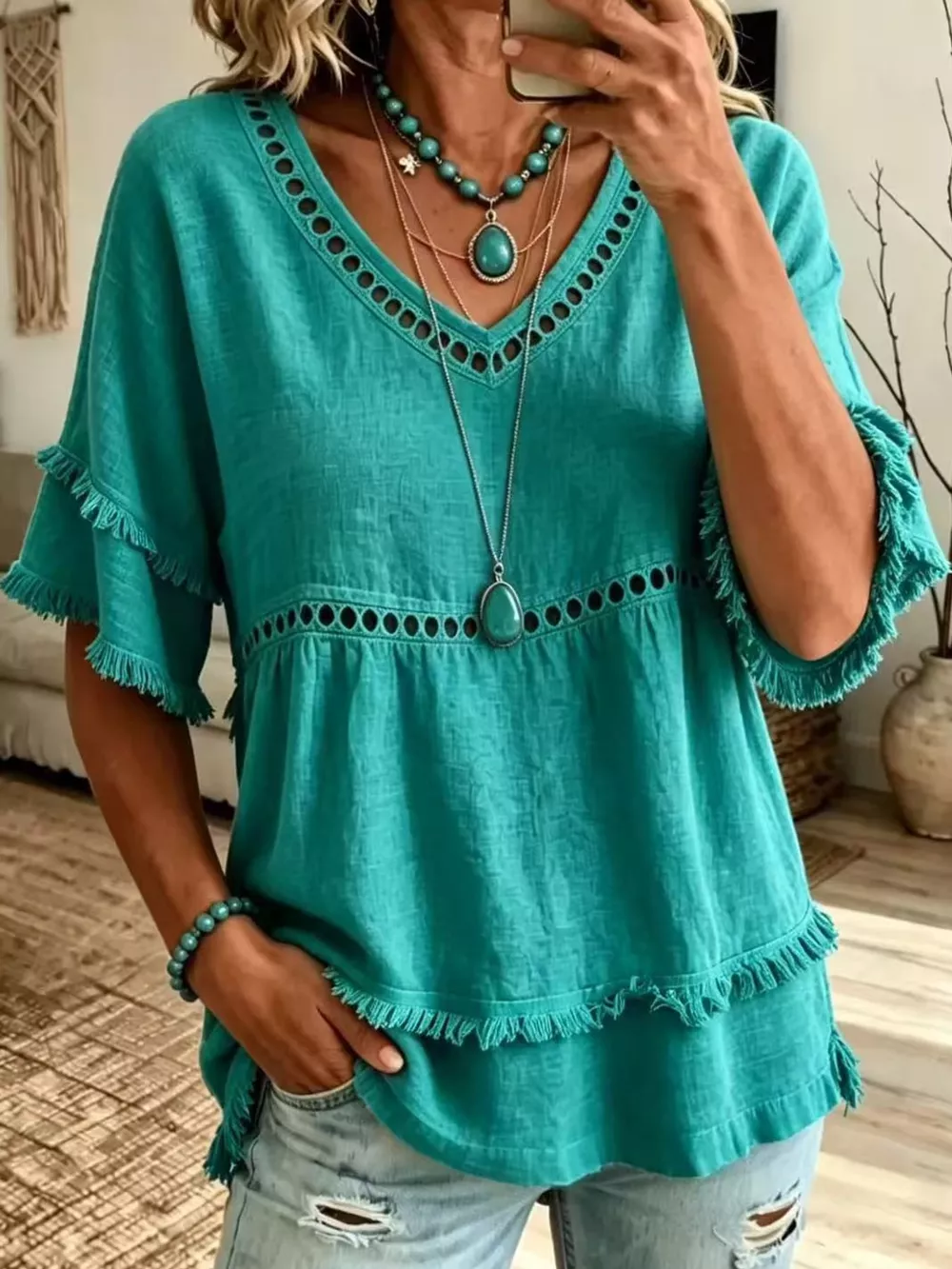 Full Size Frayed Hem V-Neck Blouse Plus Size, image 17