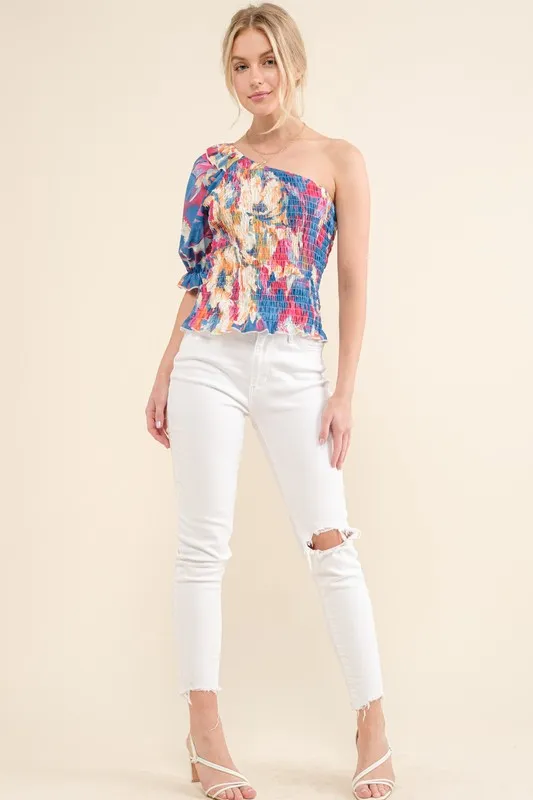 Allover Floral Print Smocked One Shoulder Blouse, image 6