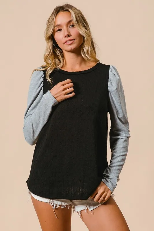 Cable Sweater Knit Top with Contrast Puff Sleeve, image 9