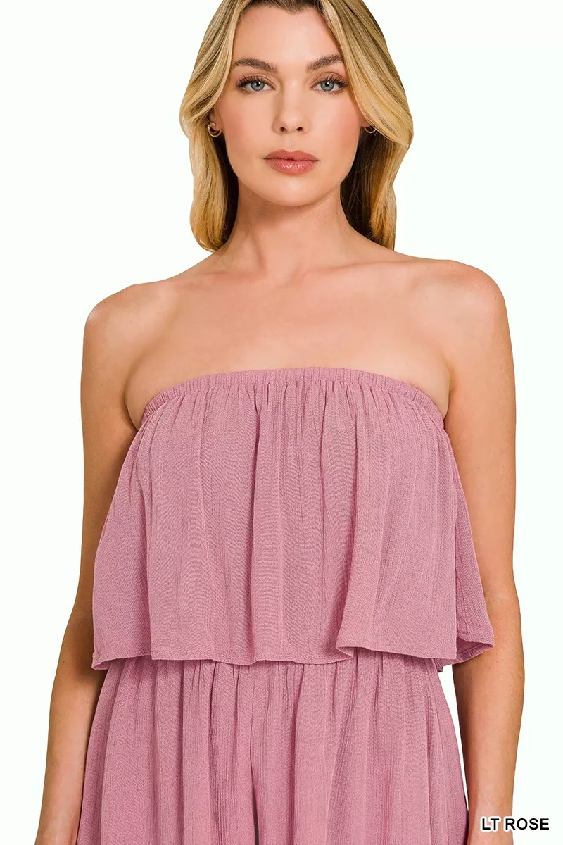 Woven Crinkle Strapless Rompers, image 4