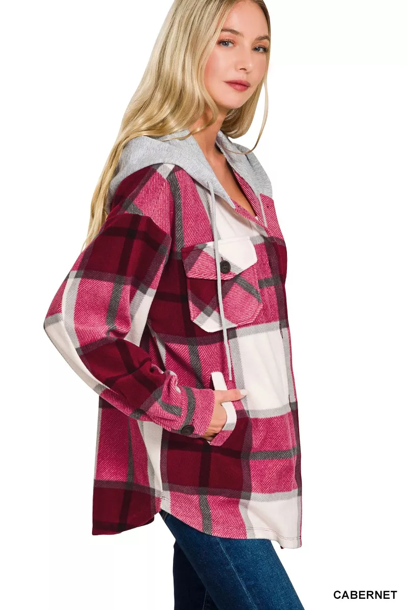 Plaid Drawstring Hooded Fleece Shacket, image 4