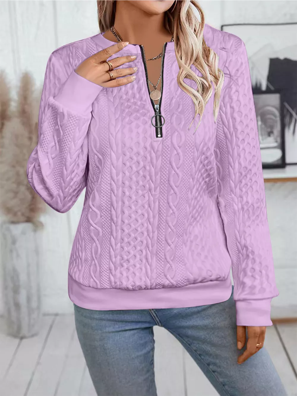 Chic Cable Texture Quarter-Zip Sweatshirt, image 11