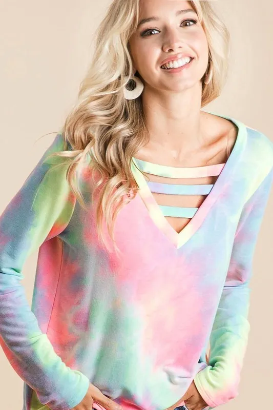 Tie Dye French Terry V-Neck Top with Strapped, image 6