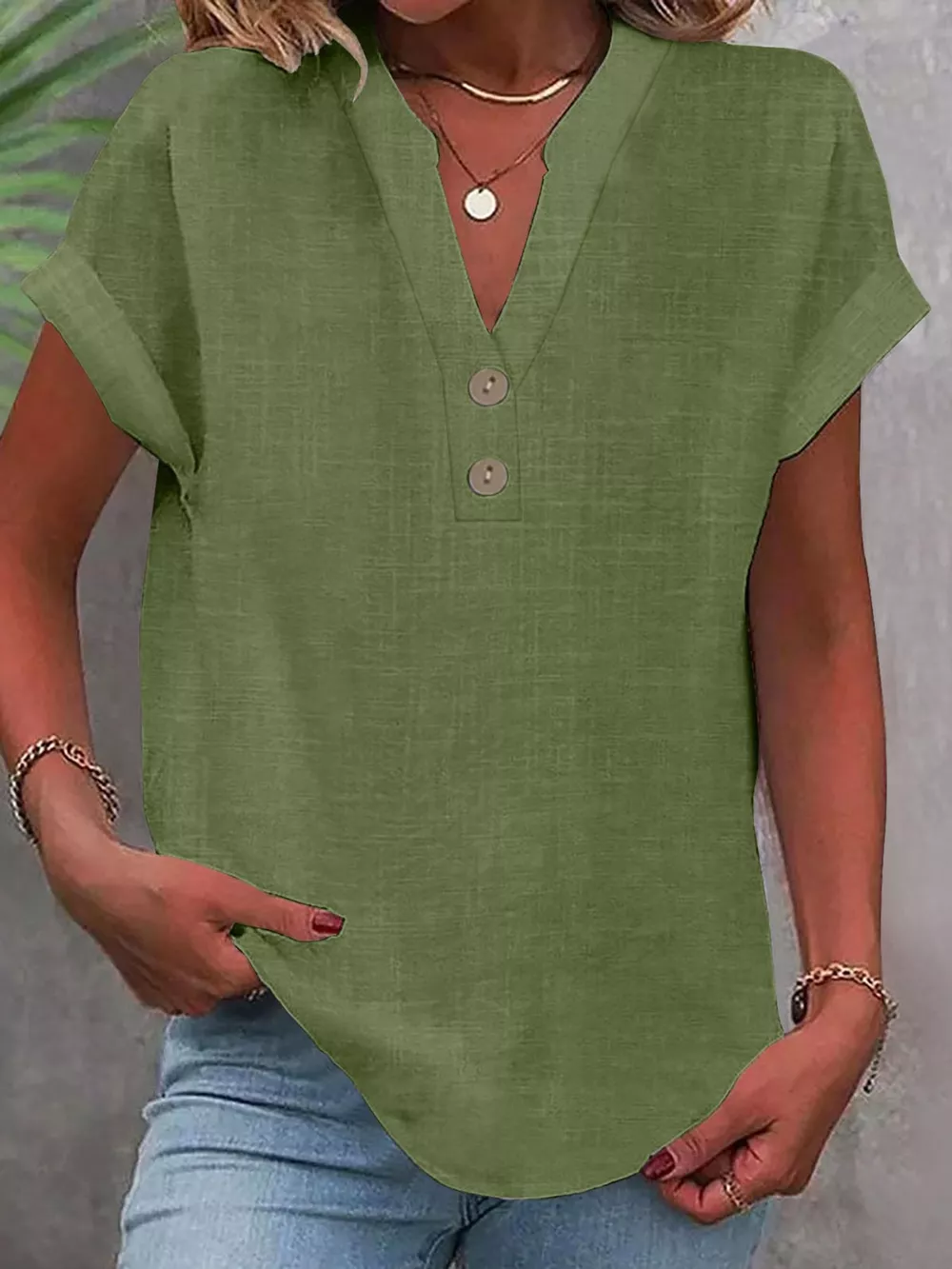 Full Size Button Detail Short Sleeve Blouse Plus Size, image 56