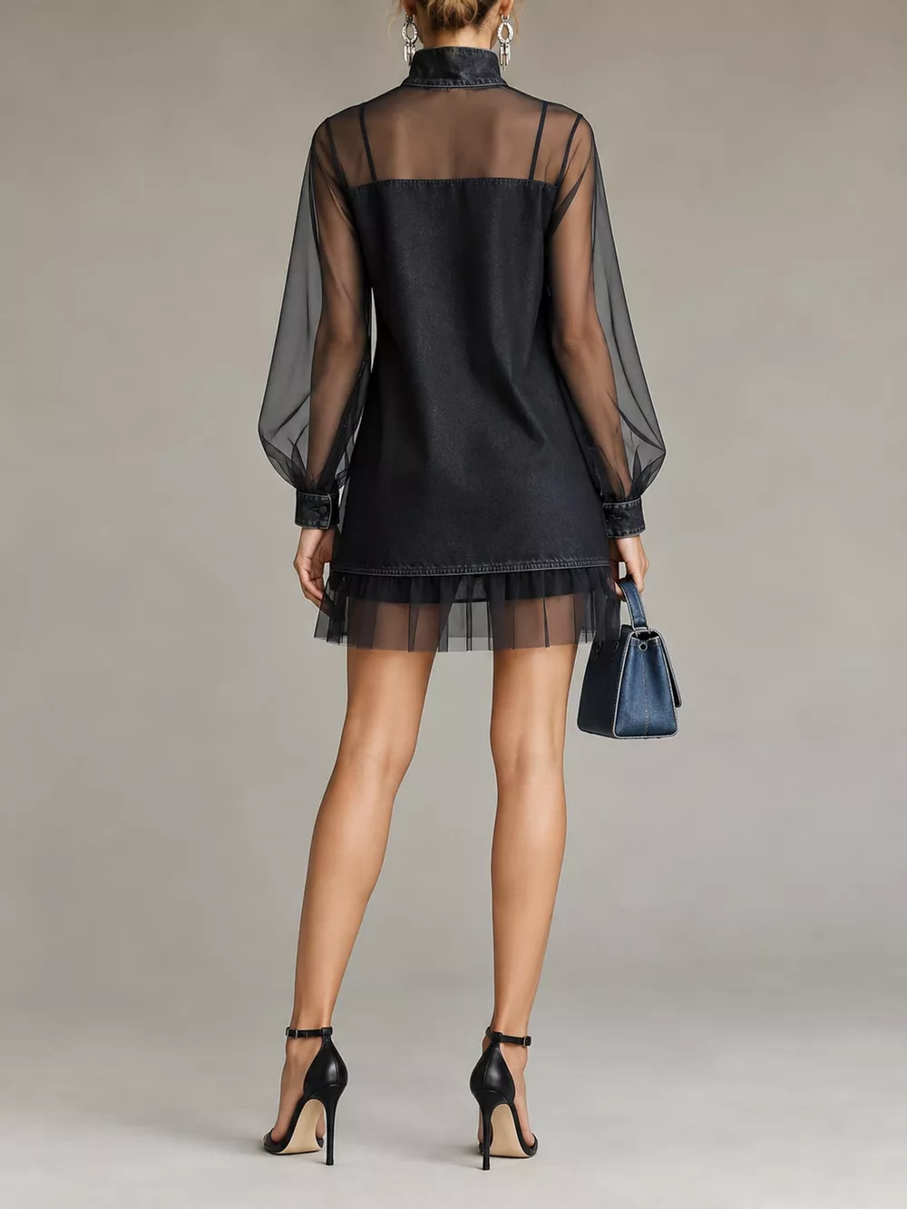 Full Size Mock Neck Sheer Mesh Patchwork Denim Dress Plus Size, image 7