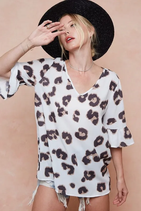 Leopard Printed V Neck Woven Top with Ruffled, image 16