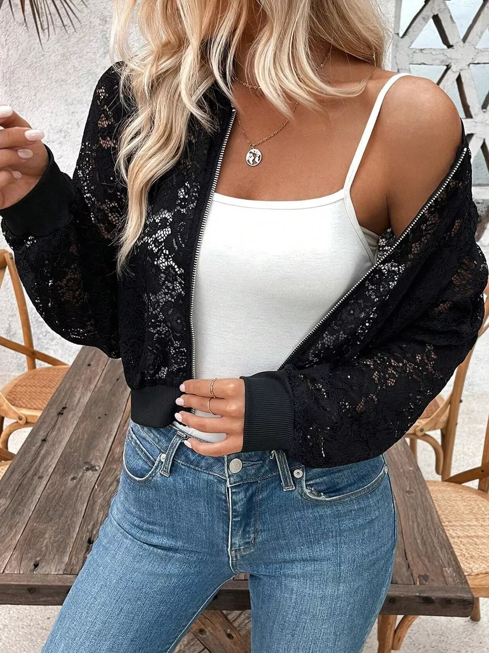 Sheer Lace Zip Up Jacket, image 2