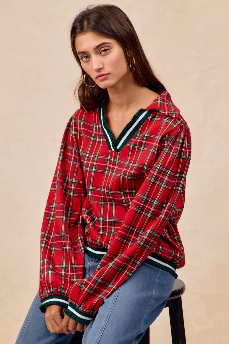 Christmas Plaid Collared Top with Ruffled Detail, image 8