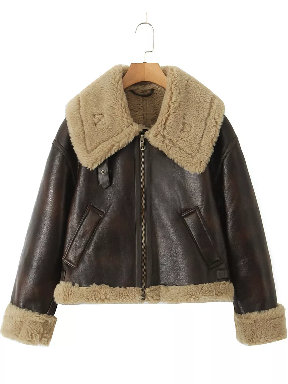 Vintage-Inspired Faux Leather Aviator Jacket with Plush Shearling Trim, image 6