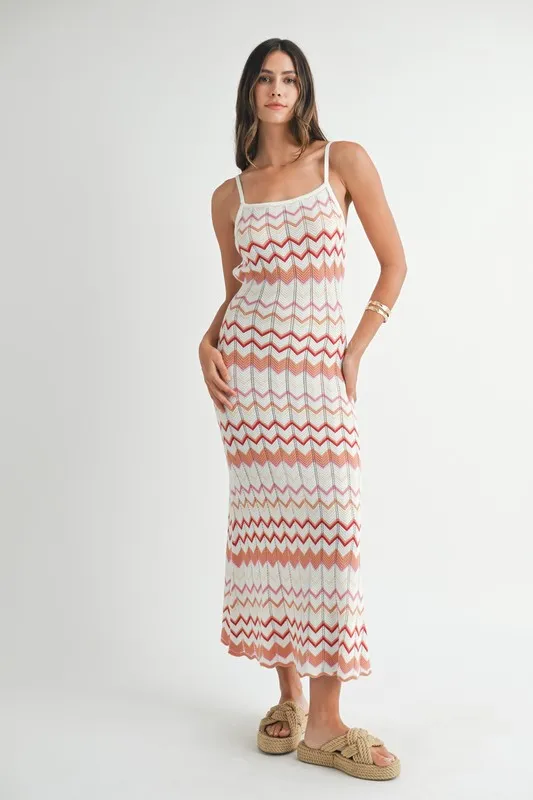 Lightweight Pointelle Chevron Knit Maxi Dress