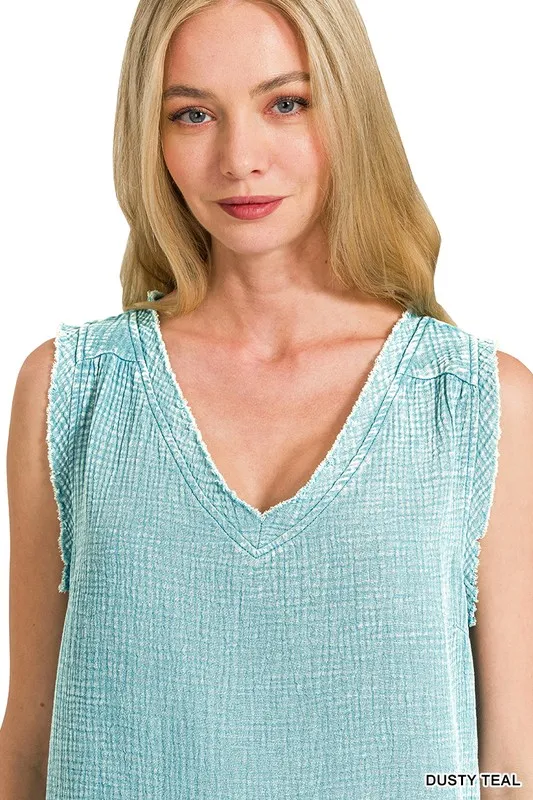 Double Gauze Raw Edge Acid Washed Tank, image 4