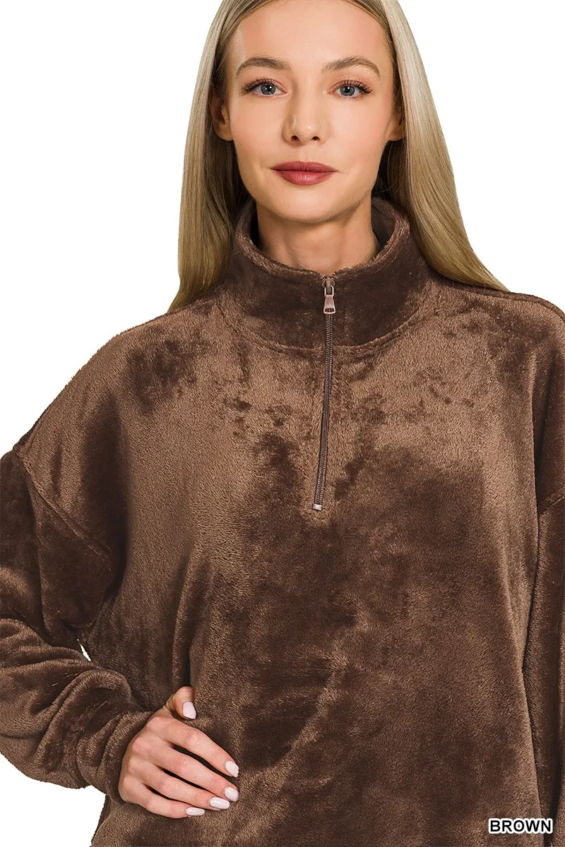 Faux Fur Half Zip Pocket Pullover, image 3