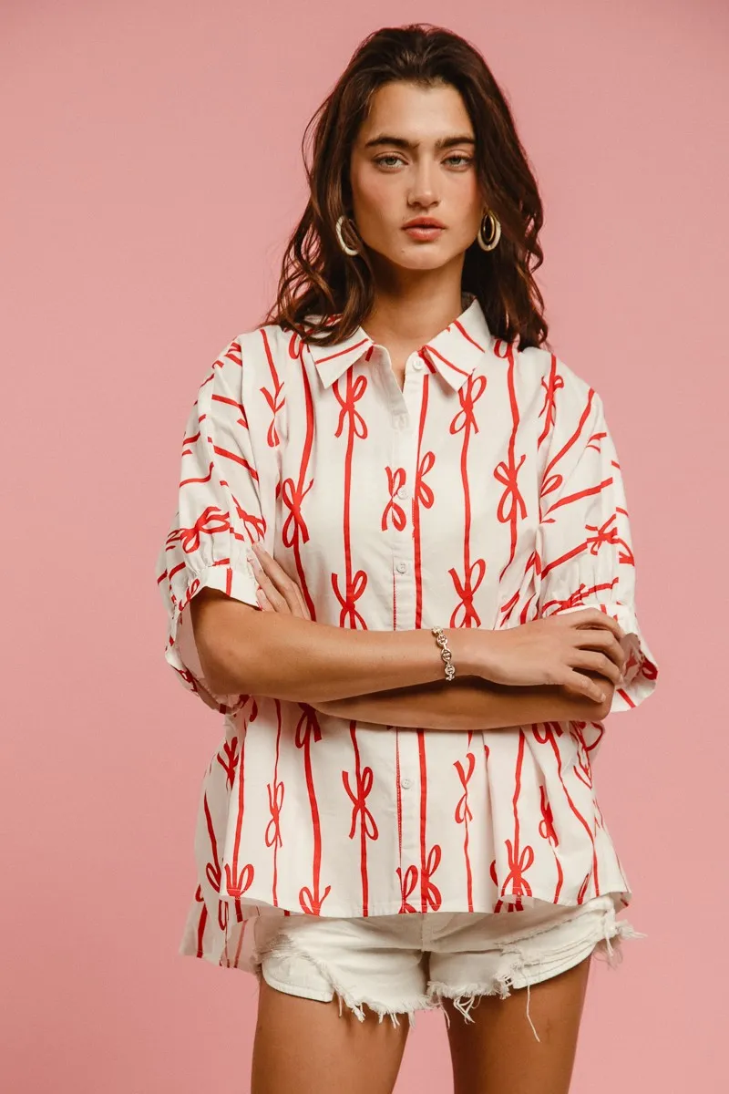 Bow Ribbon Woven Printed Button Down Shirt, image 2