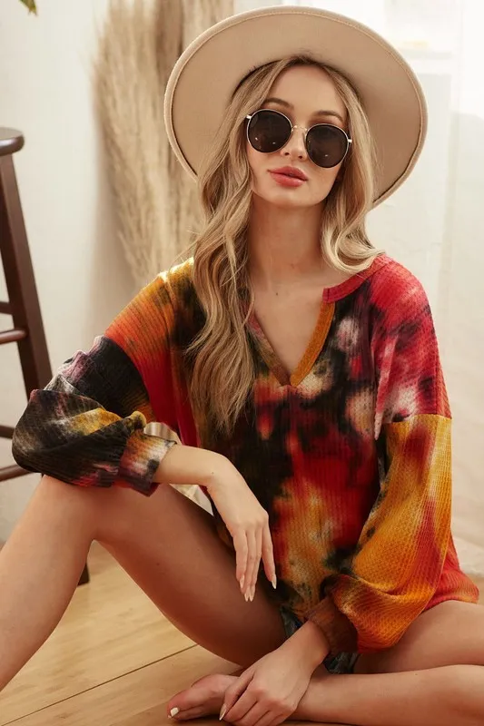 Tie Dye Brushed Waffle Top With Bubble Sleeves, image 8
