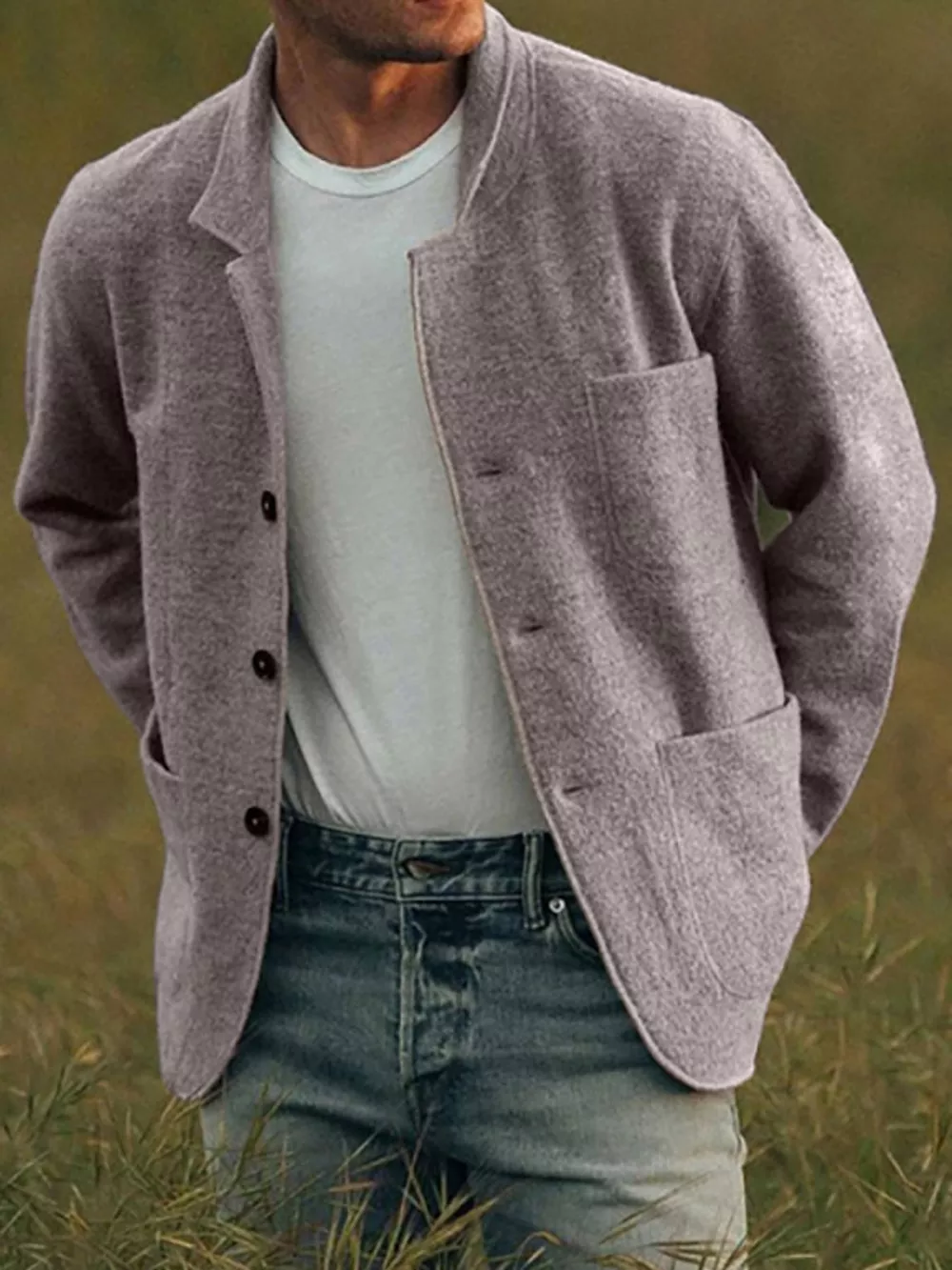 Men's Full Size Button Up Long Sleeve Jacket with Patch Pockets Plus Size