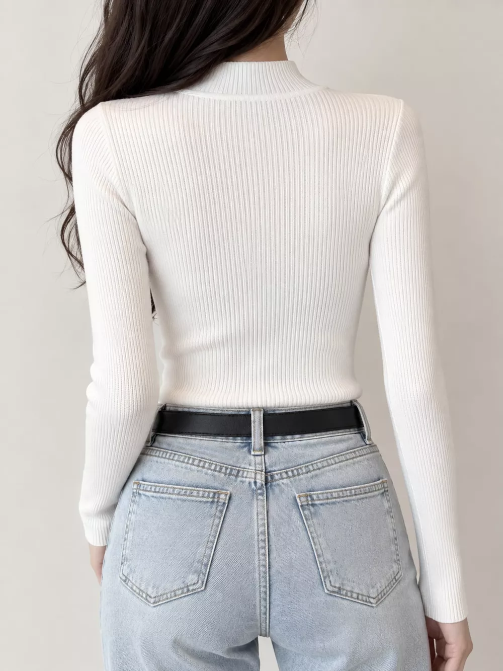 Elegant Slim-Fit Ribbed Mock Neck Knit Top, image 4