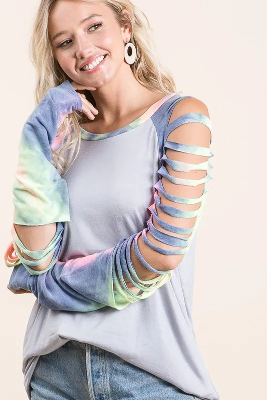 Jersey Knit Top with Tie Dye Laser Cut Sleeves, image 5
