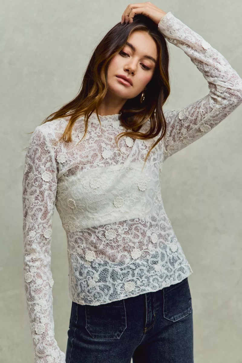 Lace Long Sleeve 3d Effect Floral Layering Top, image 9