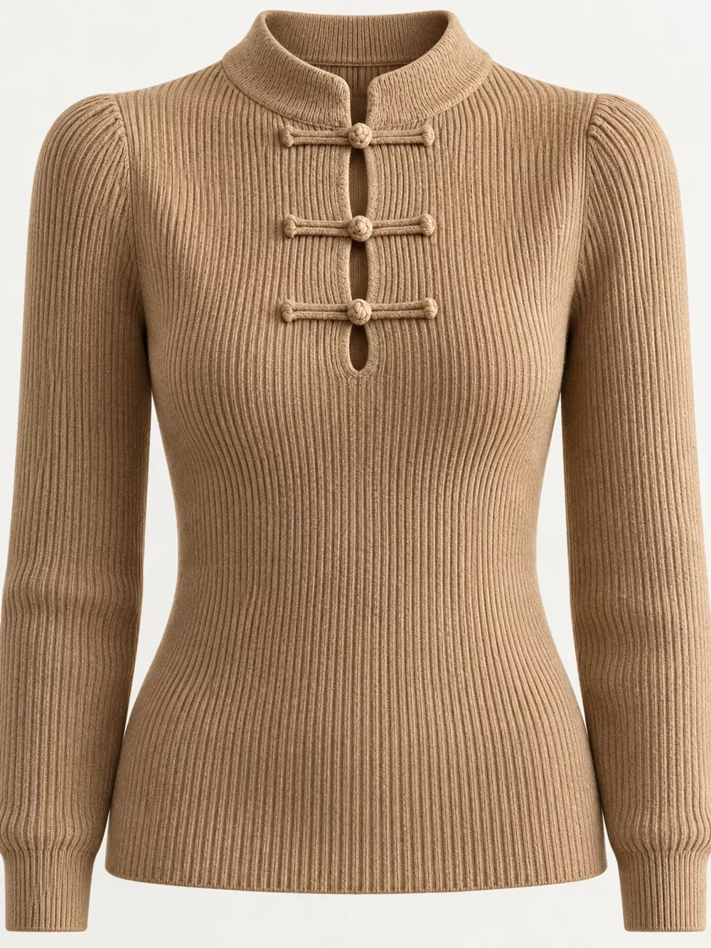 Chinese-Style Button Ribbed Knit Top, image 11