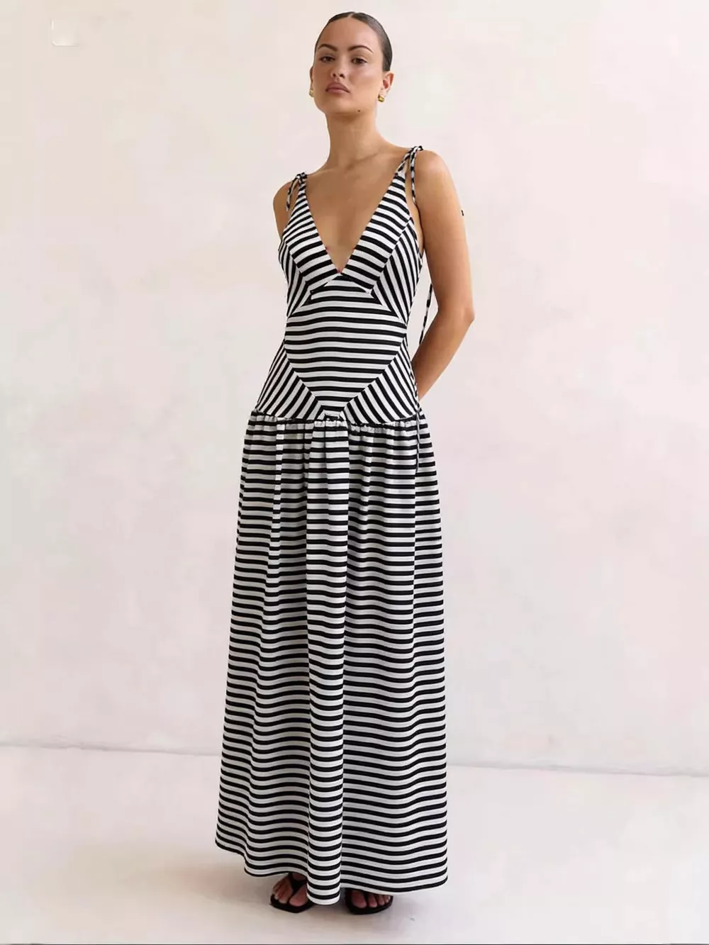 Striped V-Neck Tie-Shoulder Maxi Dress