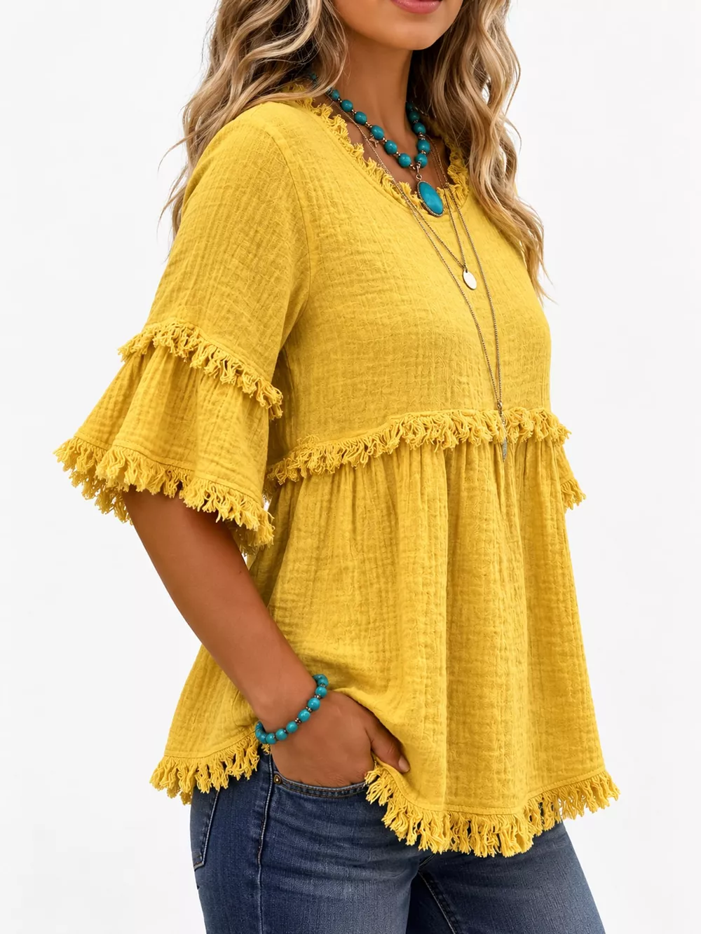 Full Size Frayed Edge Textured Blouse Plus Size, image 39