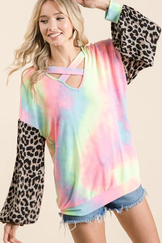 Tie Dye Terry Top with Leopard Puff Sleeves, image 3