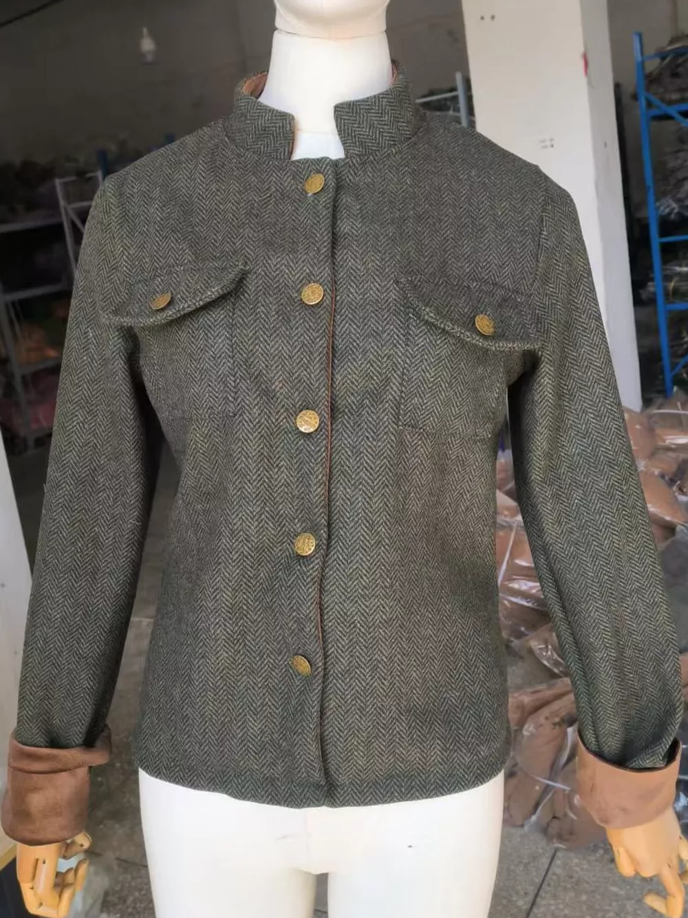 Full Size Vintage Herringbone Tweed Blazer with Velvet Cuffs Plus Size, image 7