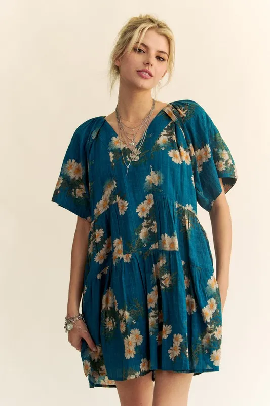 Floral Print Short Bell Sleeve Pleated Mini Dress, image 3