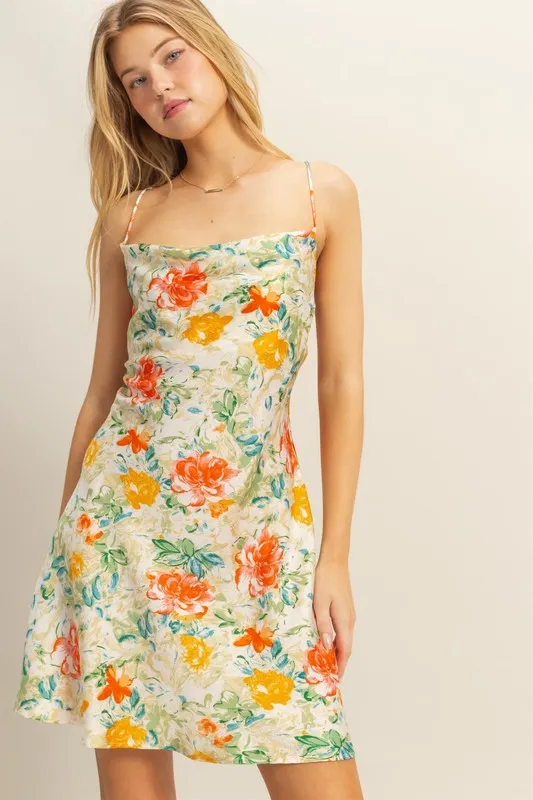 Floral Cowl Neck Flirty Satin Mini Dress, image 2