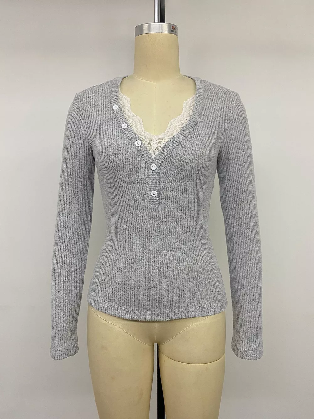 Ribbed Lace Trim Henley T-Shirt, image 10