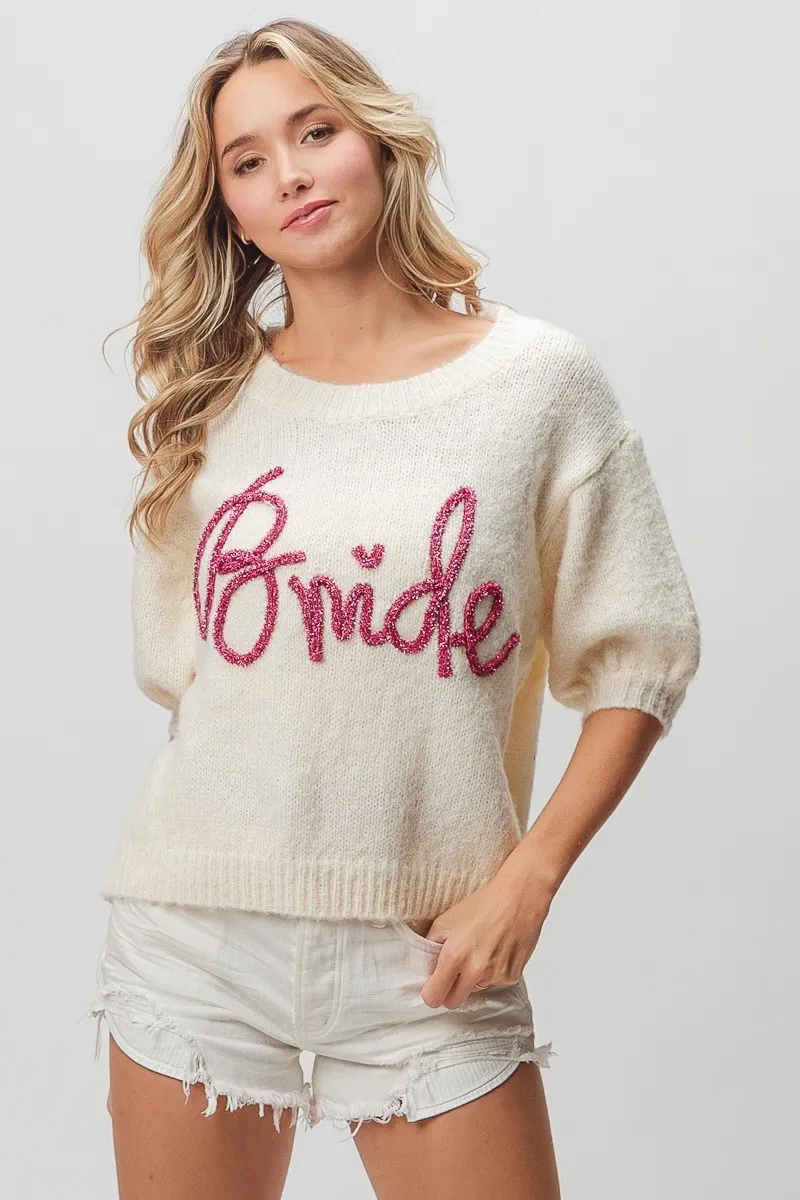Metallic Letter Short Puff Sleeve Hairy Sweater, image 18