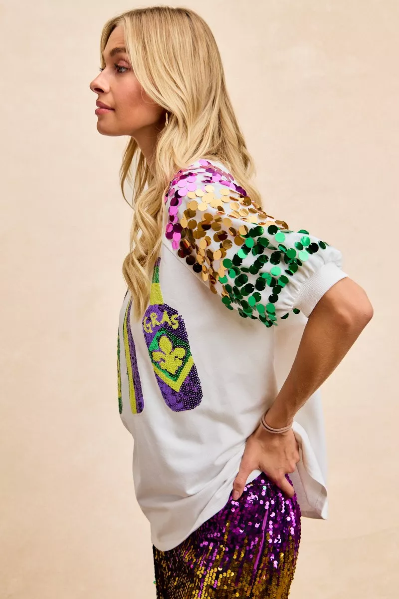 Sequin Mardi Gras Bottles Spangled Sleeve Top, image 12